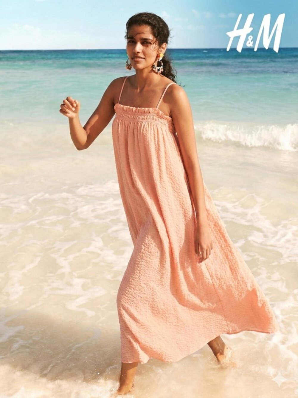 H&M Spaghetti Strap Crinkle Maxi Dress – Peachy Pink/Coral – Size Medium